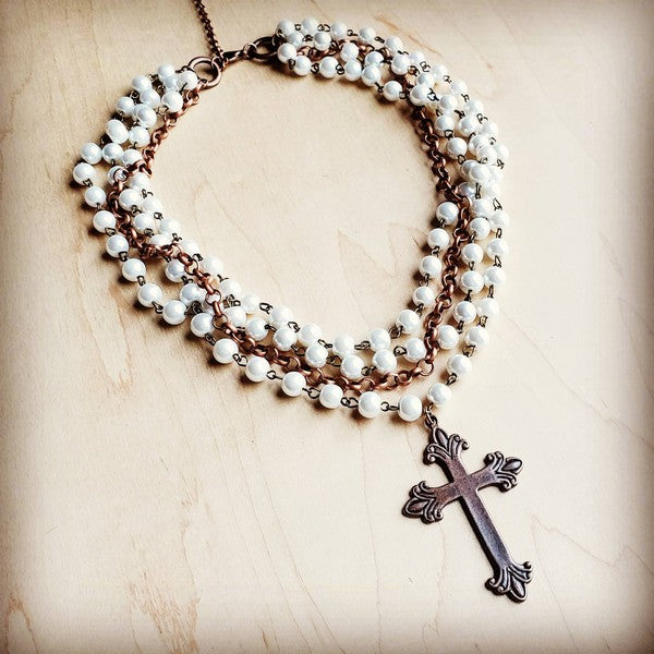 ••Pearl and Copper Collar Necklace with Copper Cross