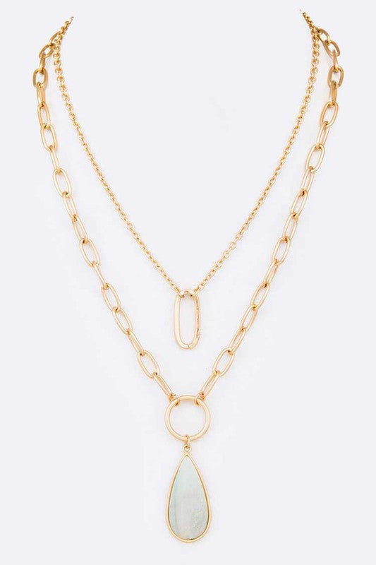 ••Stone Teardrop Layer Pendant Necklace