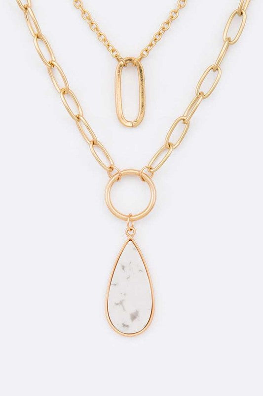 ••Stone Teardrop Layer Pendant Necklace