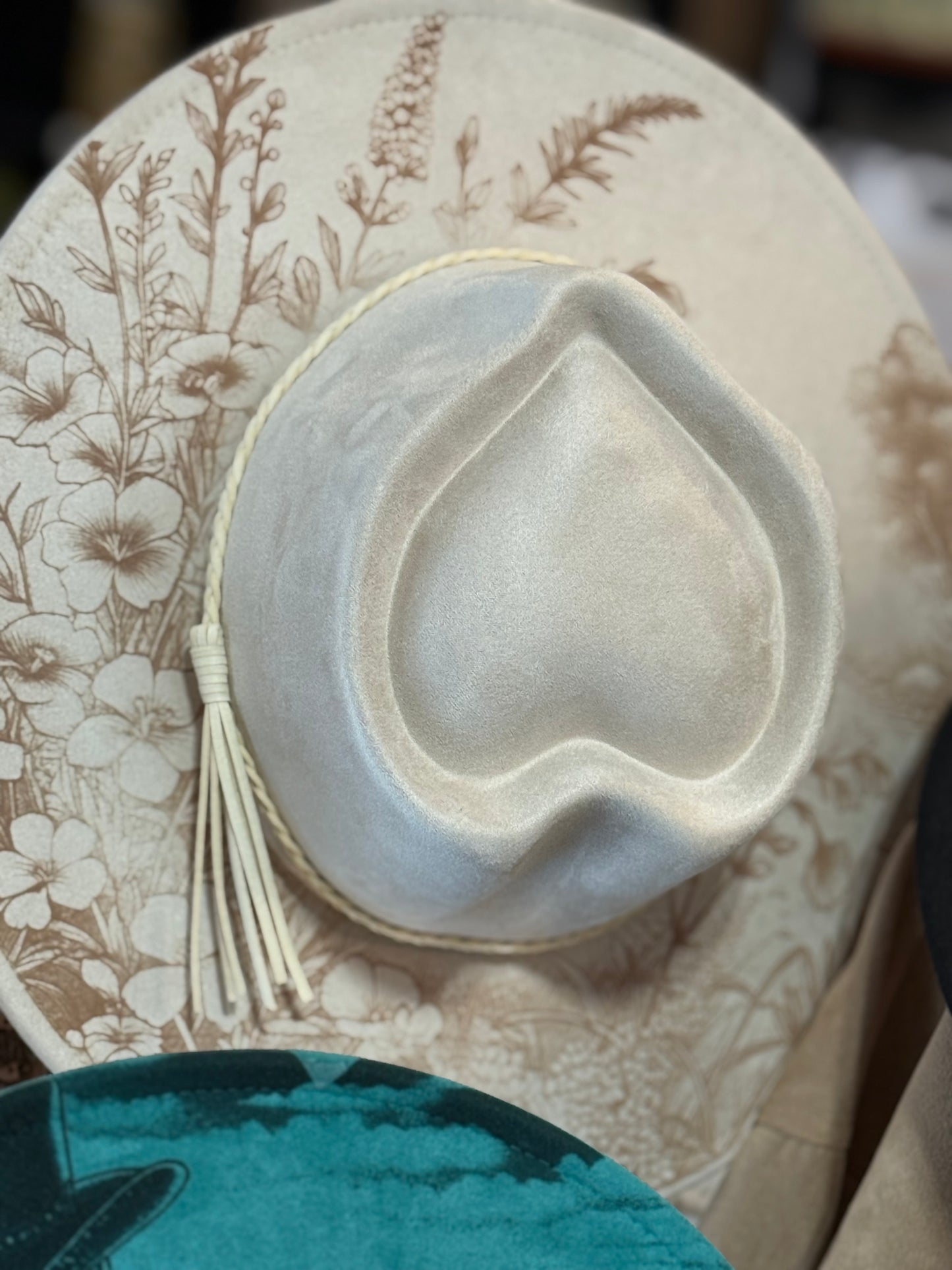 Floral wide brim vegan suede cowboy hat