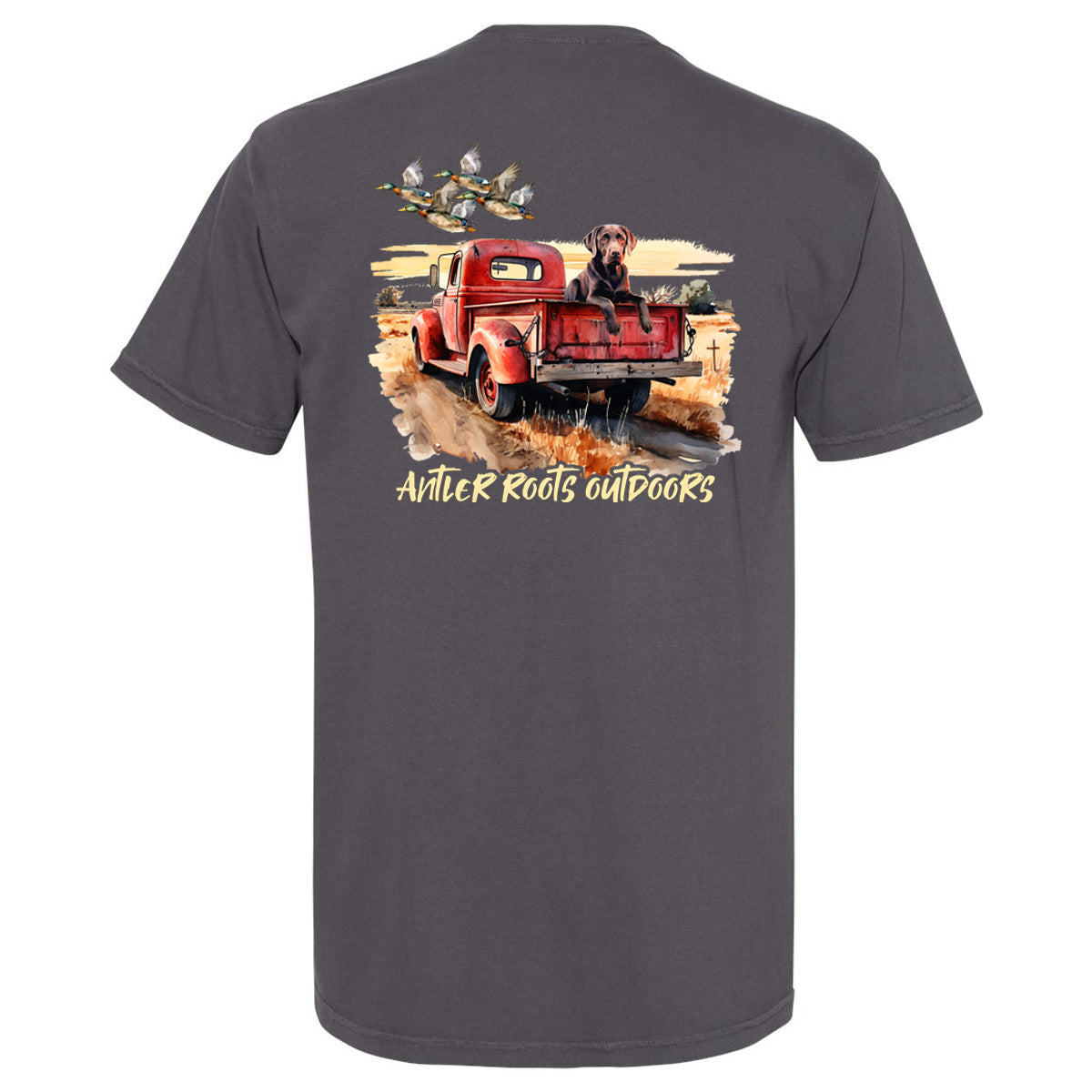 Antler Roots - Dog in Back of Truck - Comfort Color - Graphite Short/Long Sleeves - Southern Grace Creations