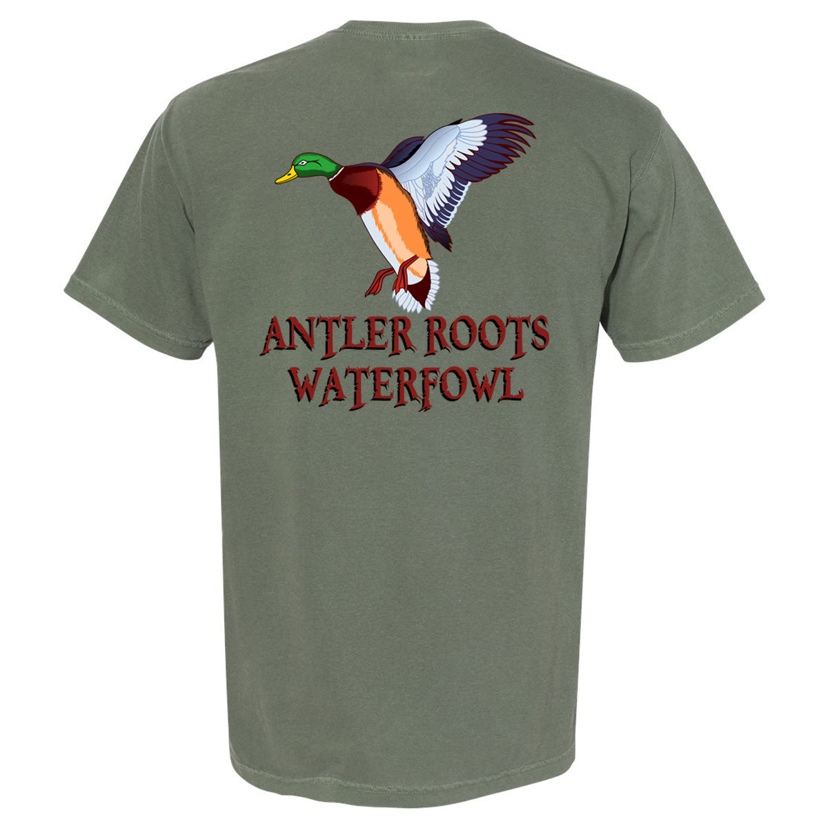 Antler Roots - Flying Duck Antler Roots Fowl - Comfort Color - Moss Short Sleeves Pocket Tee - Southern Grace Creations