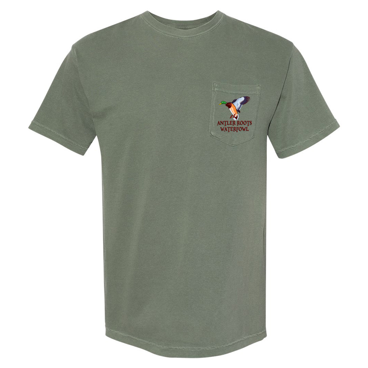 Antler Roots - Flying Duck Antler Roots Fowl - Comfort Color - Moss Short Sleeves Pocket Tee - Southern Grace Creations