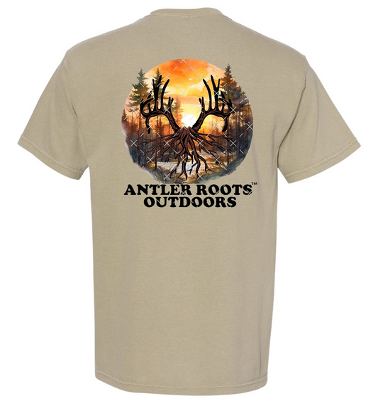 Antler Roots - Original Logo with Sunset - Comfort Color - Khaki Short/Long Sleeves - Southern Grace Creations