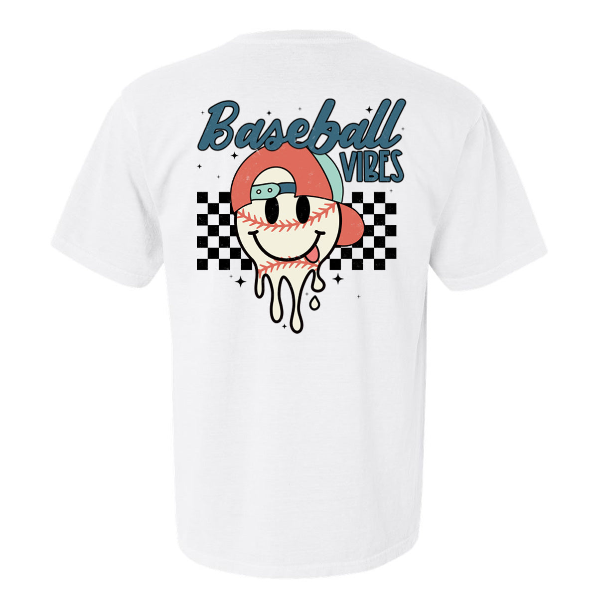 Baseball Vibes Retro Smiley Face Checkered Board - White (Tee/DriFit/Hoodie/Sweatshirt) - Southern Grace Creations