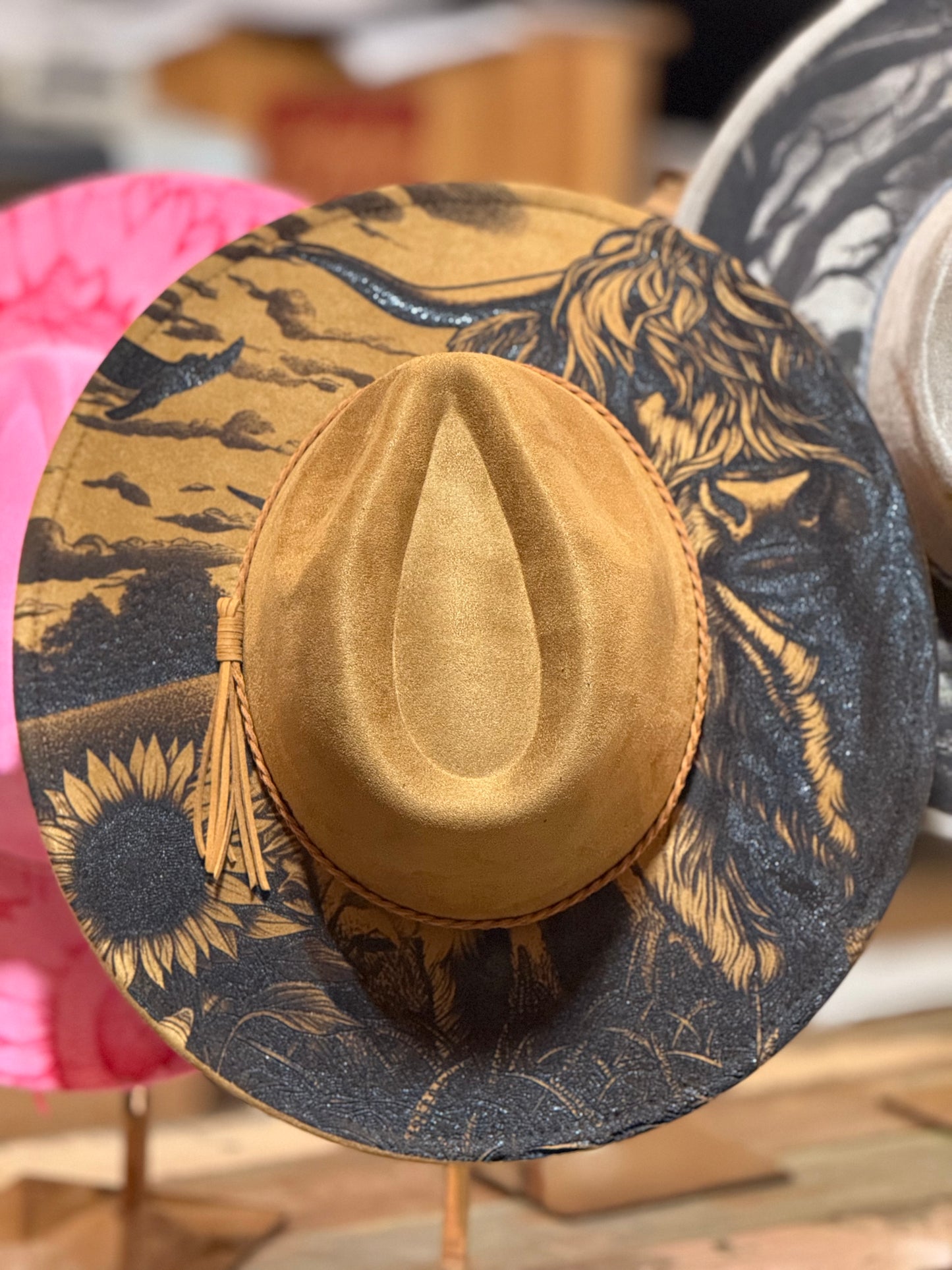 Vegan suede “Highland Cow” lasered cowboy hat. Adjustable band.