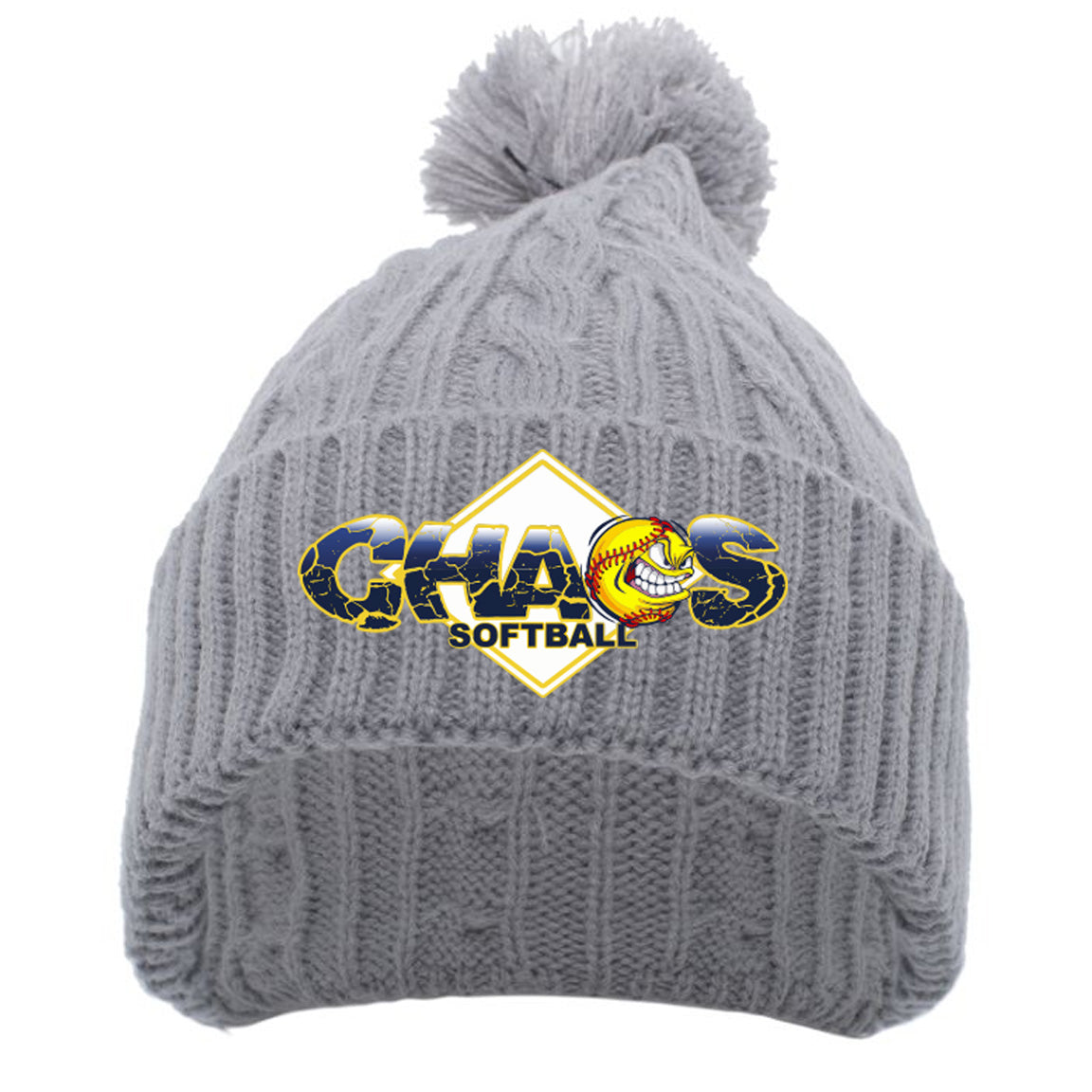 Chaos - CABLE KNIT POM-POM BEANIE with Chaos Logo - Silver (643K) - Southern Grace Creations