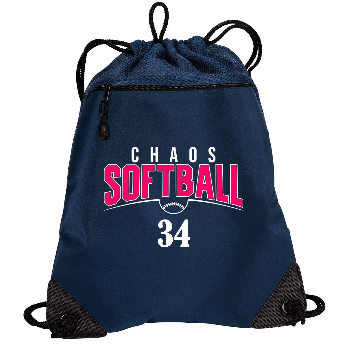 Chaos - Cinch Backpack with Chaos Softball Curved - Navy (BG810) - Southern Grace Creations