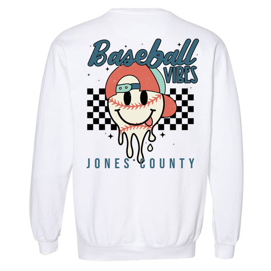 Jones County - Baseball Vibes Retro Smiley Face Checkered Board - White (Tee/DriFit/Hoodie/Sweatshirt) - Southern Grace Creations