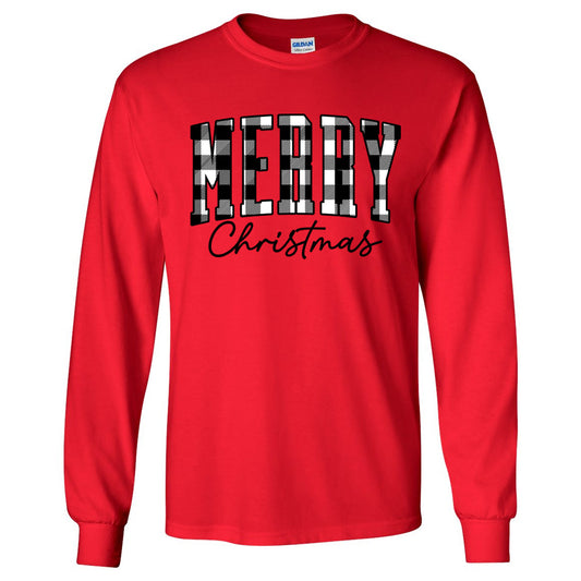 Merry Christmas Black & White Plaid Letters - Red (Tee/Sweatshirt/Hoodie) - Southern Grace Creations