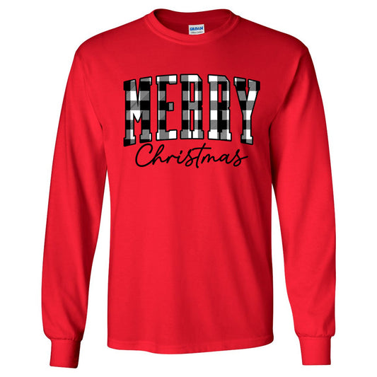Merry Christmas Black & White Plaid Letters - Red (Tee/Sweatshirt/Hoodie) - Southern Grace Creations