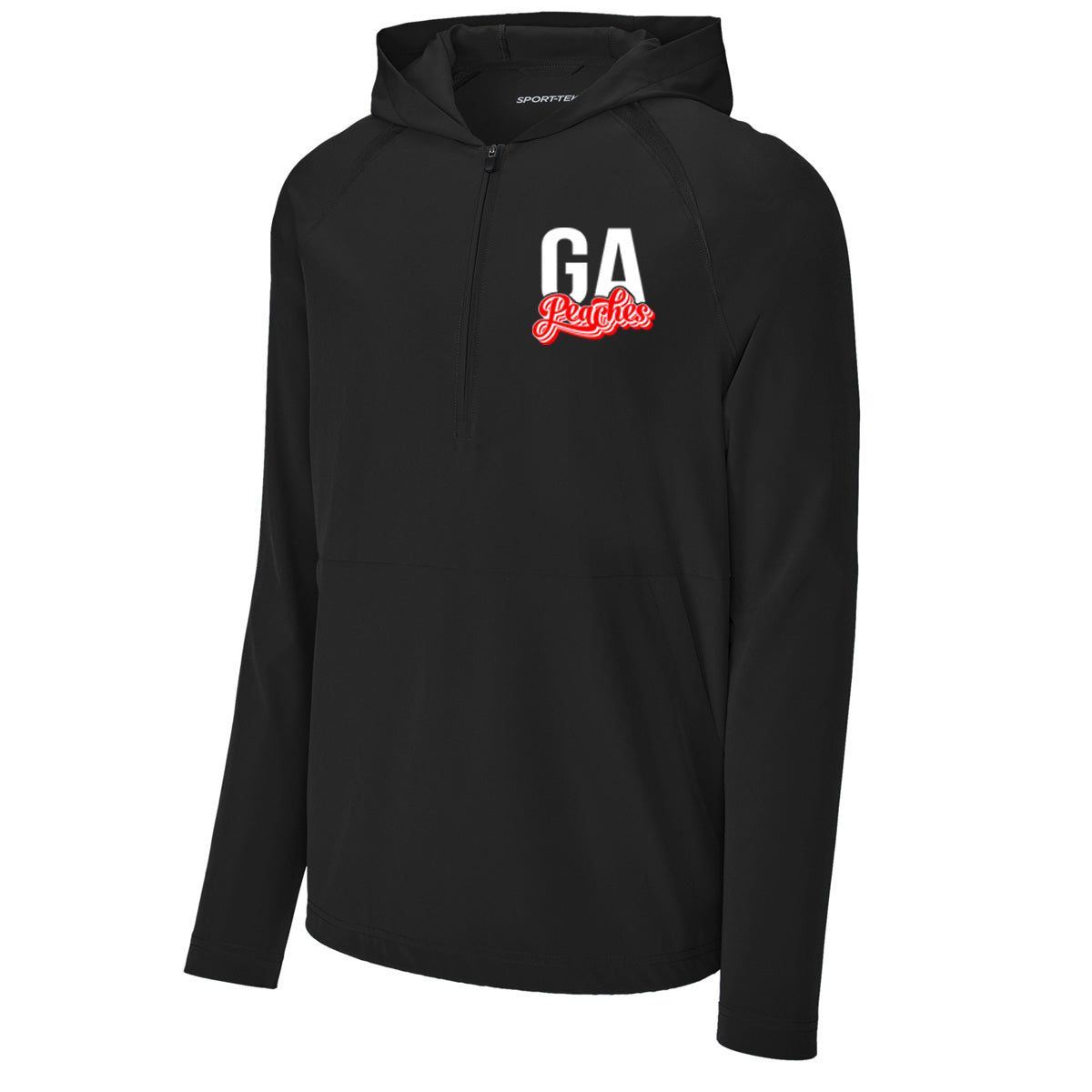 Peaches - GA Peaches Script Stacked Retro - Repeat 1/2-Zip Long Sleeve Hooded Cage Jacket - JST488 - Black