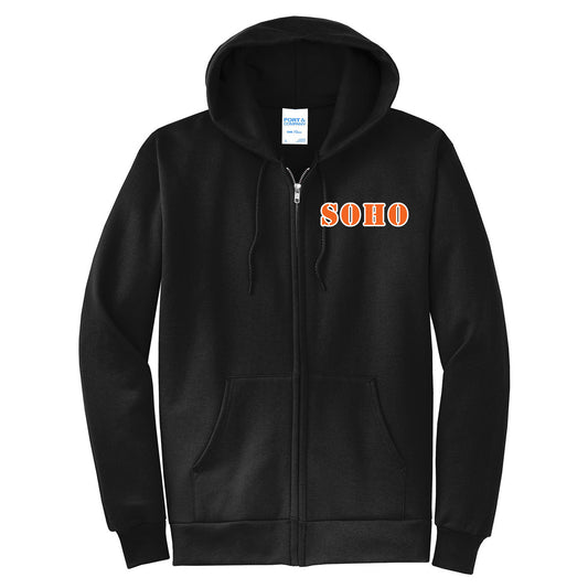 SOHO - Fleece Full-Zip Hoodie with SOHO (Stencil Font) - Black (PC78ZH/PC90YZH) - Southern Grace Creations