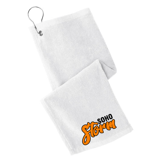 SOHO - Grommeted Towel with SOHO STORM (DOPESTYLE FONT) - White (PT400) - Southern Grace Creations