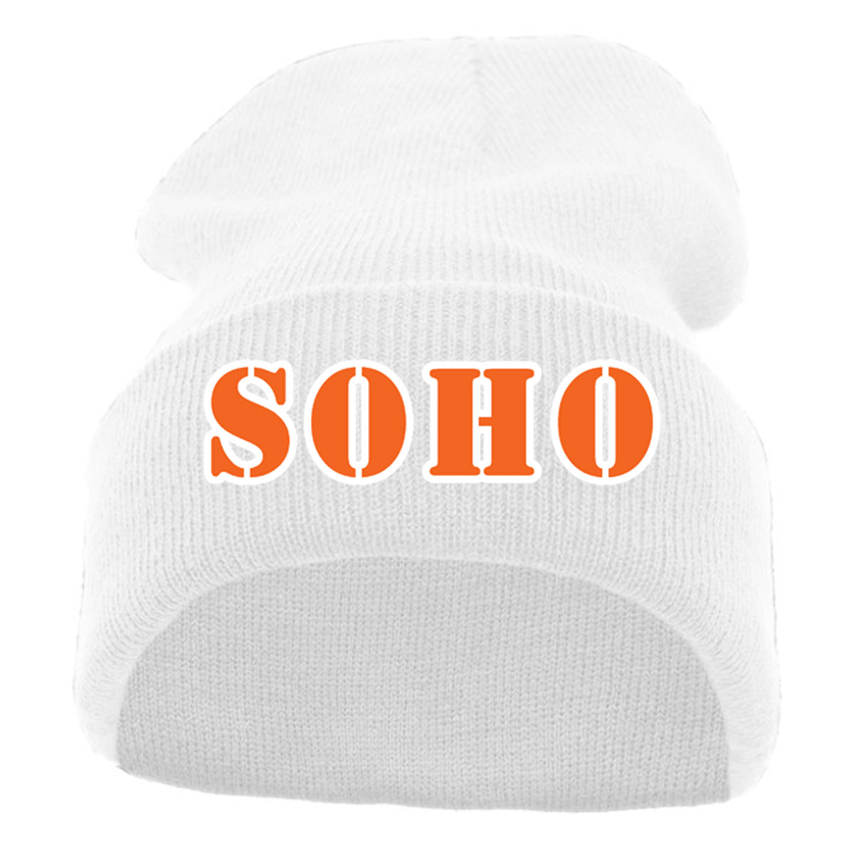 SOHO - KNIT FOLD OVER BEANIE with SOHO (Stencil Font) - White (621K) - Southern Grace Creations