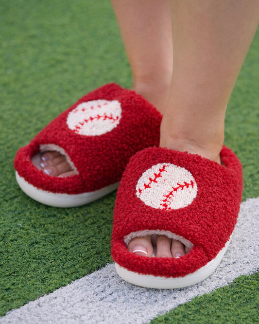 Red Baseball Cozy Plush Open Toe Slippers