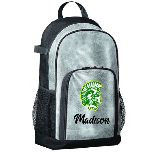 Twiggs Academy - All Out Glitter Backpack with Trojan Head and Name - Silver (1106) - Southern Grace Creations