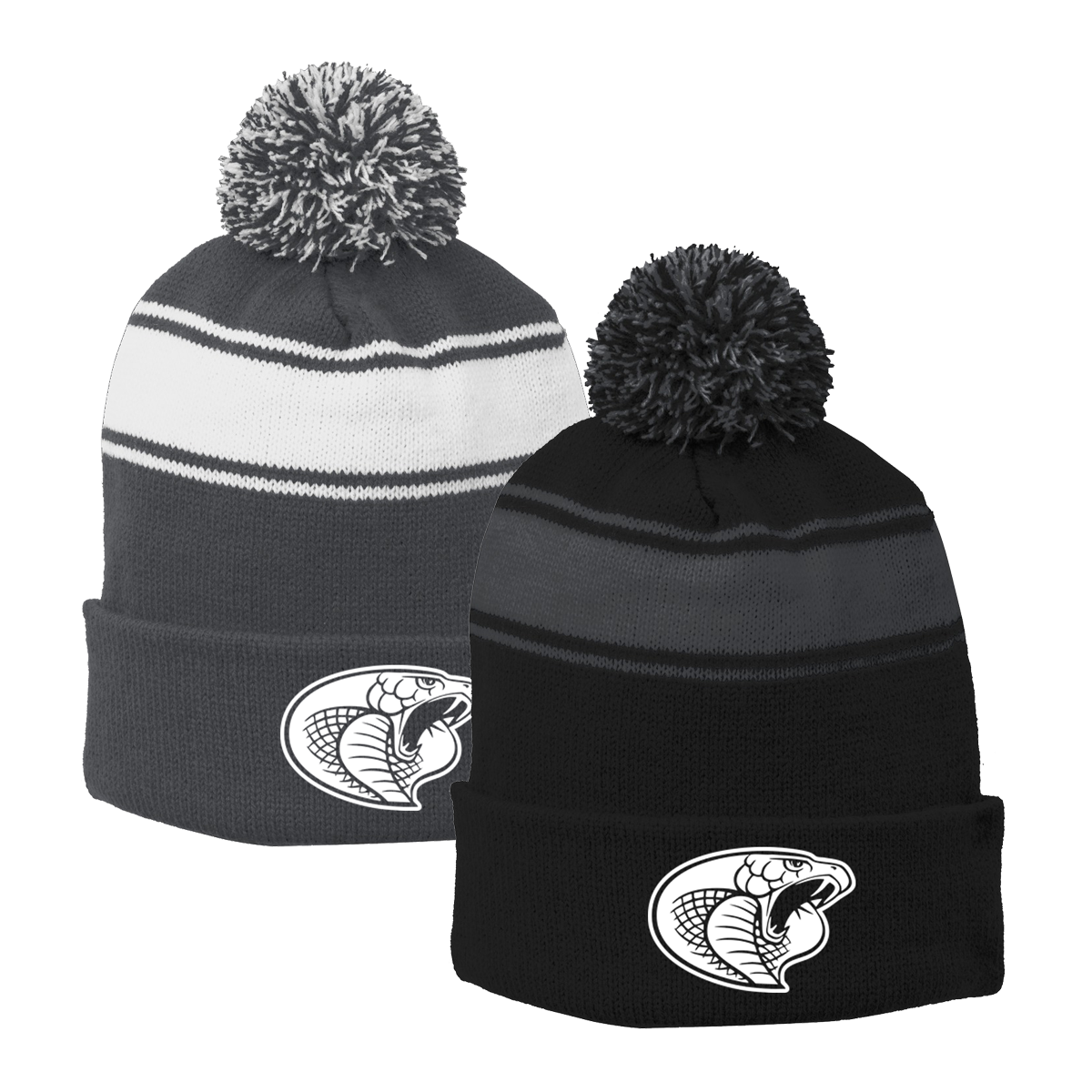 •Twiggs County - Cobra Head (White) - Stripe Pom Pom Beanie (STC28)