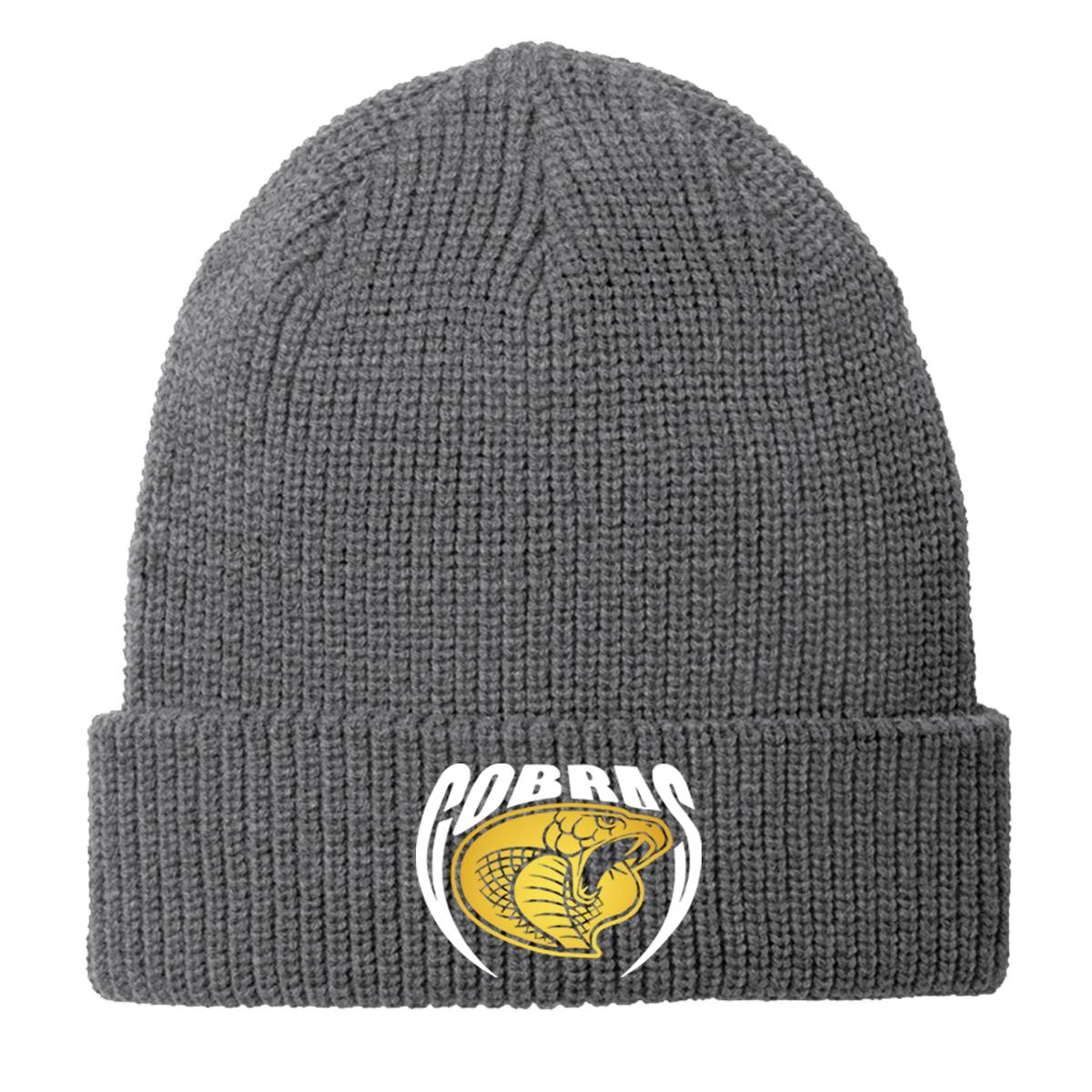 •Twiggs County - Cobras Pointed Cobra Head (White/Gold) - Chunky Knit Beanie (C958)