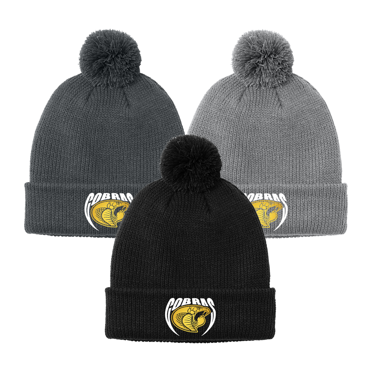 •Twiggs County - Cobras Pointed Cobra Head (White/Gold) - Cozy Pom Beanie (C978)