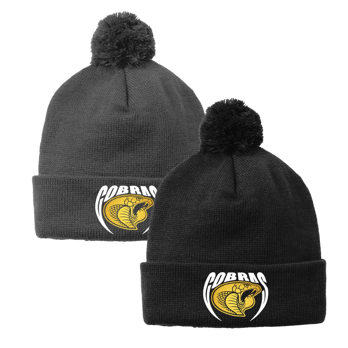 •Twiggs County - Cobras Pointed Cobra Head (White/Gold) - Solid Pom Pom Beanie (STC37)