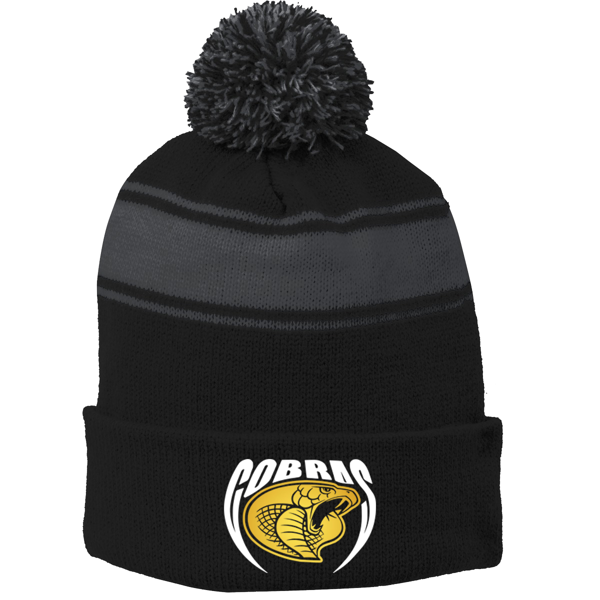 •Twiggs County - Cobras Pointed Cobra Head (White/Gold) - Stripe Pom Pom Beanie (STC28)