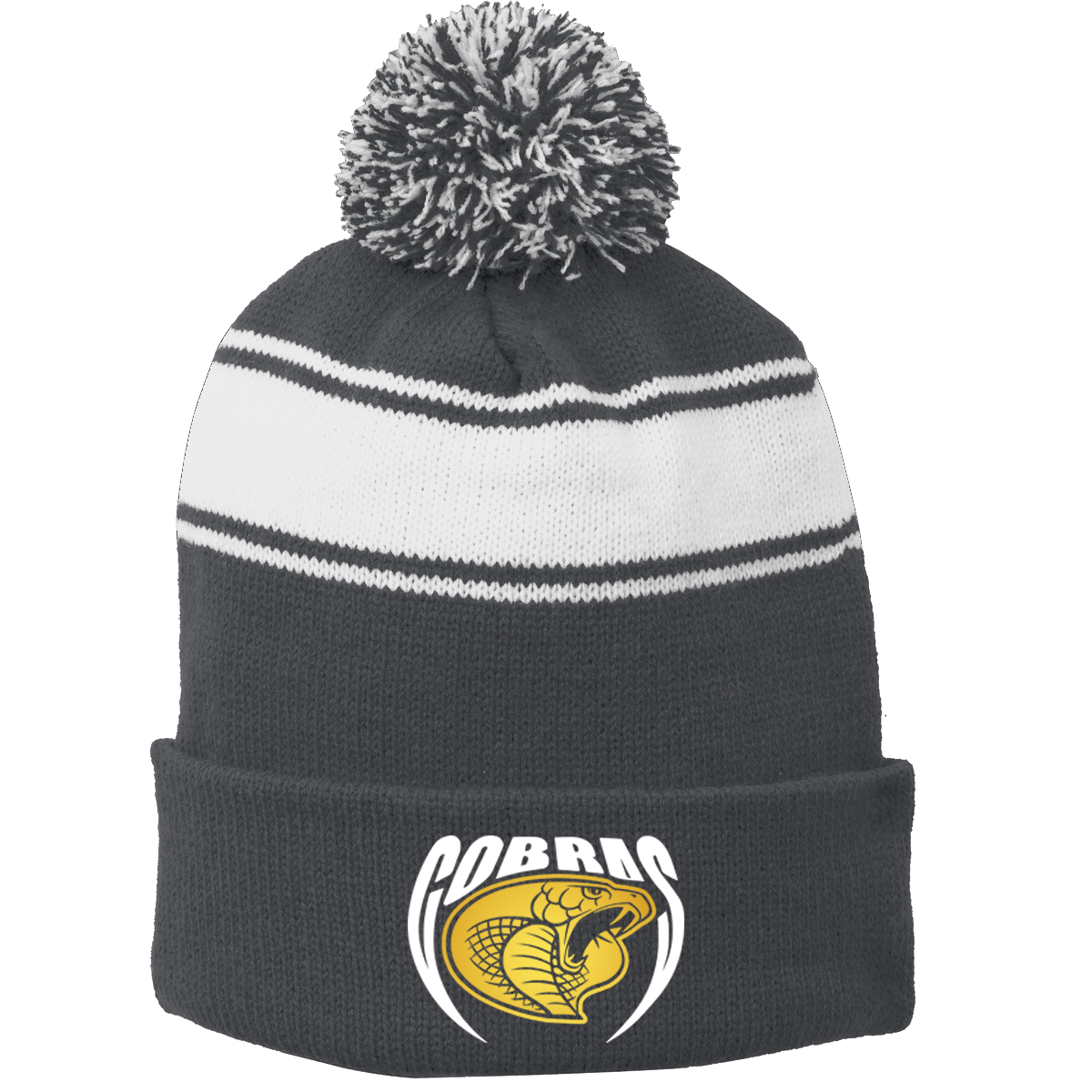 •Twiggs County - Cobras Pointed Cobra Head (White/Gold) - Stripe Pom Pom Beanie (STC28)