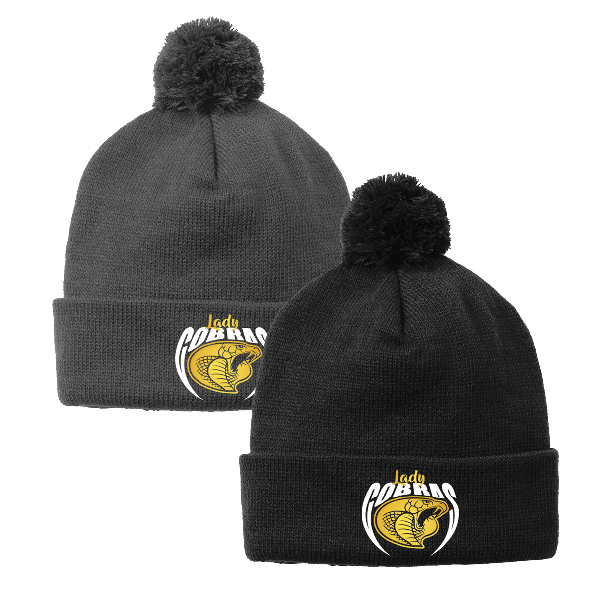 •Twiggs County - Lady Cobras Pointed Cobra Head (White/Gold) - Solid Pom Pom Beanie (STC37)