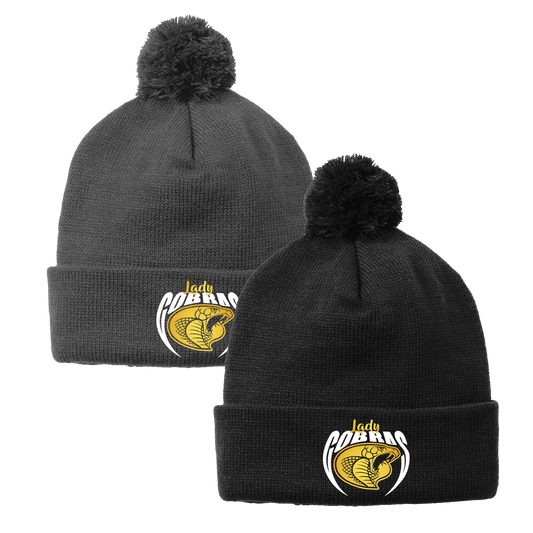 •Twiggs County - Lady Cobras Pointed Cobra Head (White/Gold) - Solid Pom Pom Beanie (STC37)