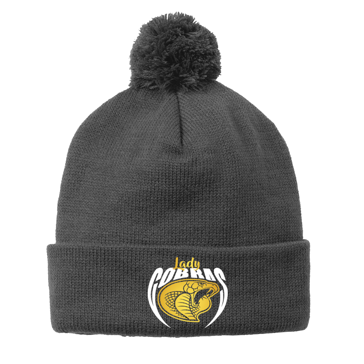 •Twiggs County - Lady Cobras Pointed Cobra Head (White/Gold) - Solid Pom Pom Beanie (STC37)