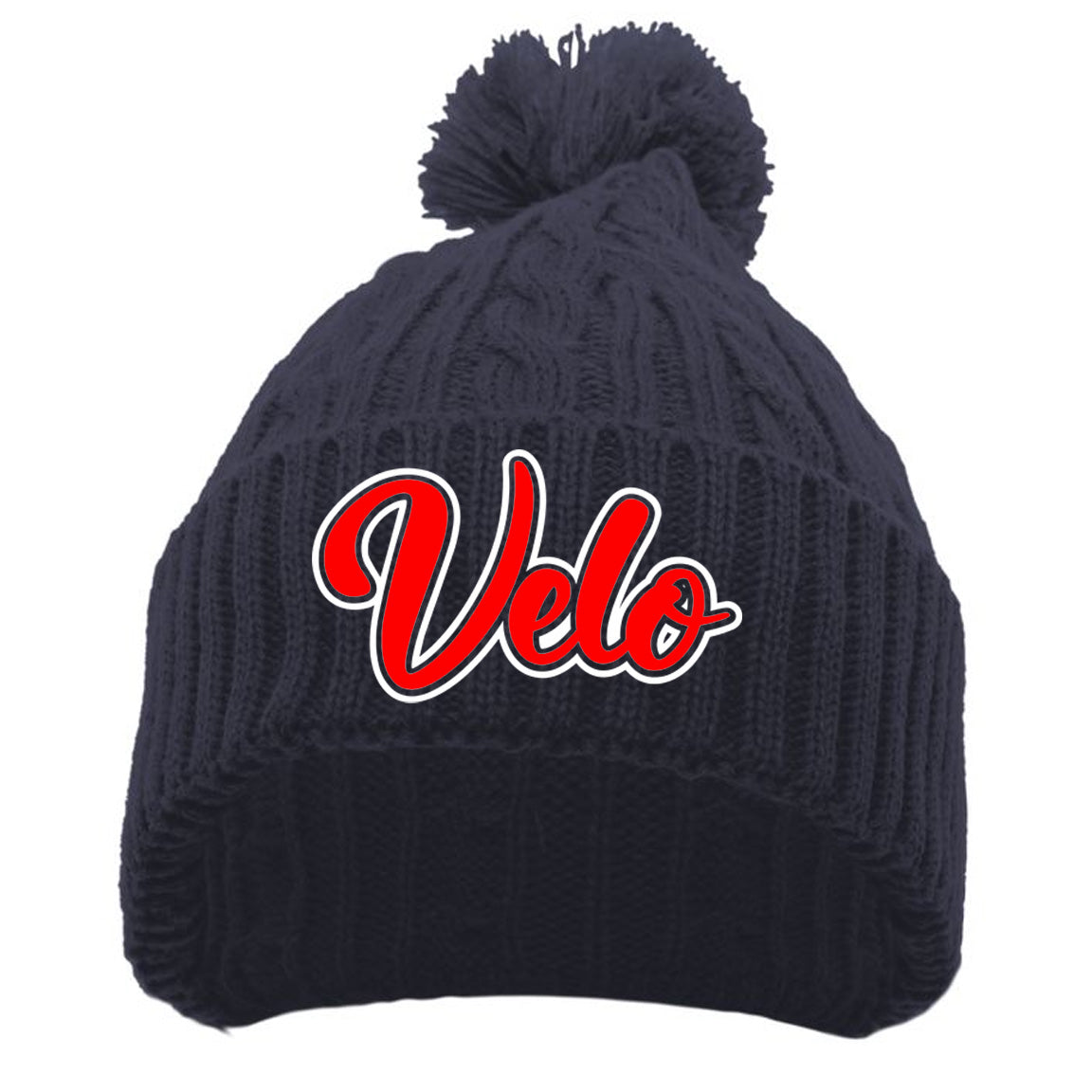 Velo BB - CABLE KNIT POM-POM BEANIE with Velo Script - Navy (643K) - Southern Grace Creations