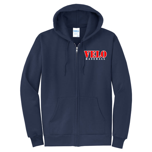 Velo BB - Fleece Full-Zip Hoodie with VELO Baseball (Stencil Font) - Navy - Southern Grace Creations