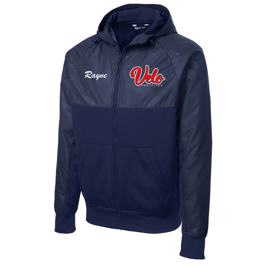 Velo FP - Embossed Hybrid Full-Zip Hooded Jacket with Velo Script - Navy (JST50) - Southern Grace Creations