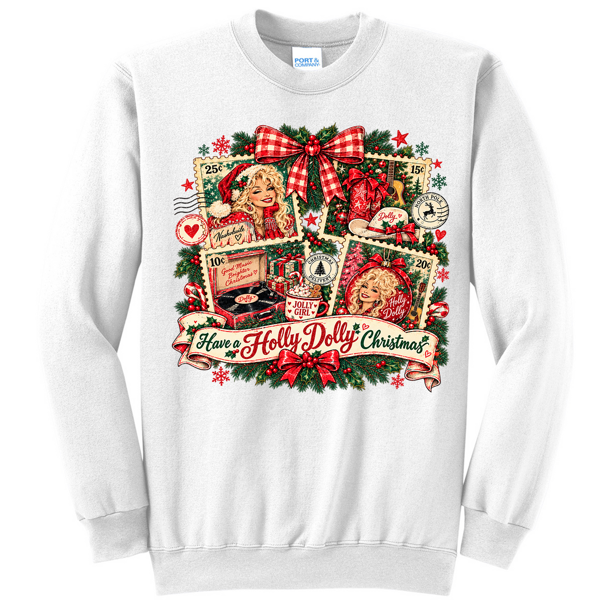 Vintage Dolly Christmas Stamp Collage - White (Tee/Sweatshirt/Hoodie)