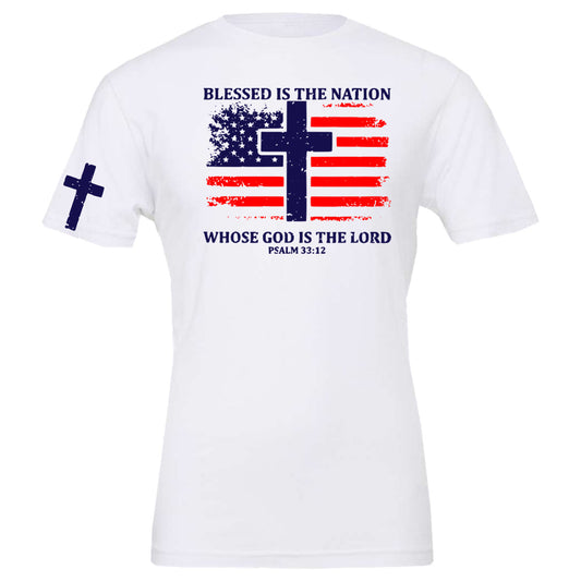 blessed is the nation whose god is the lord distressed cross and flag - White