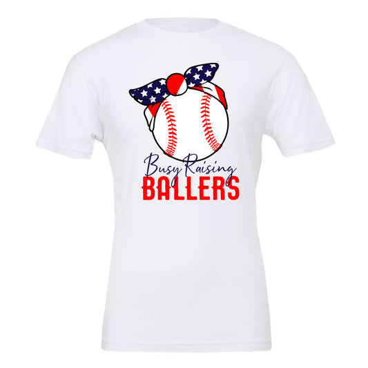 Busy Raising Ballers (Baseball) with American Flag Bandana - White (Tee/Hoodie/Sweatshirt) - Southern Grace Creations