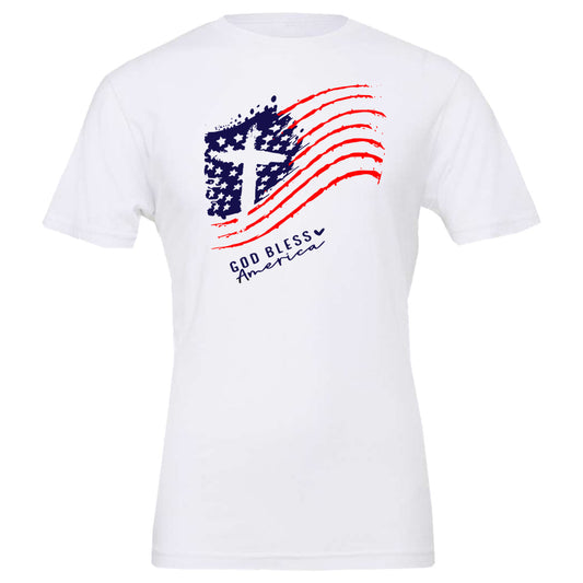 god bless america cross and waving flag - White