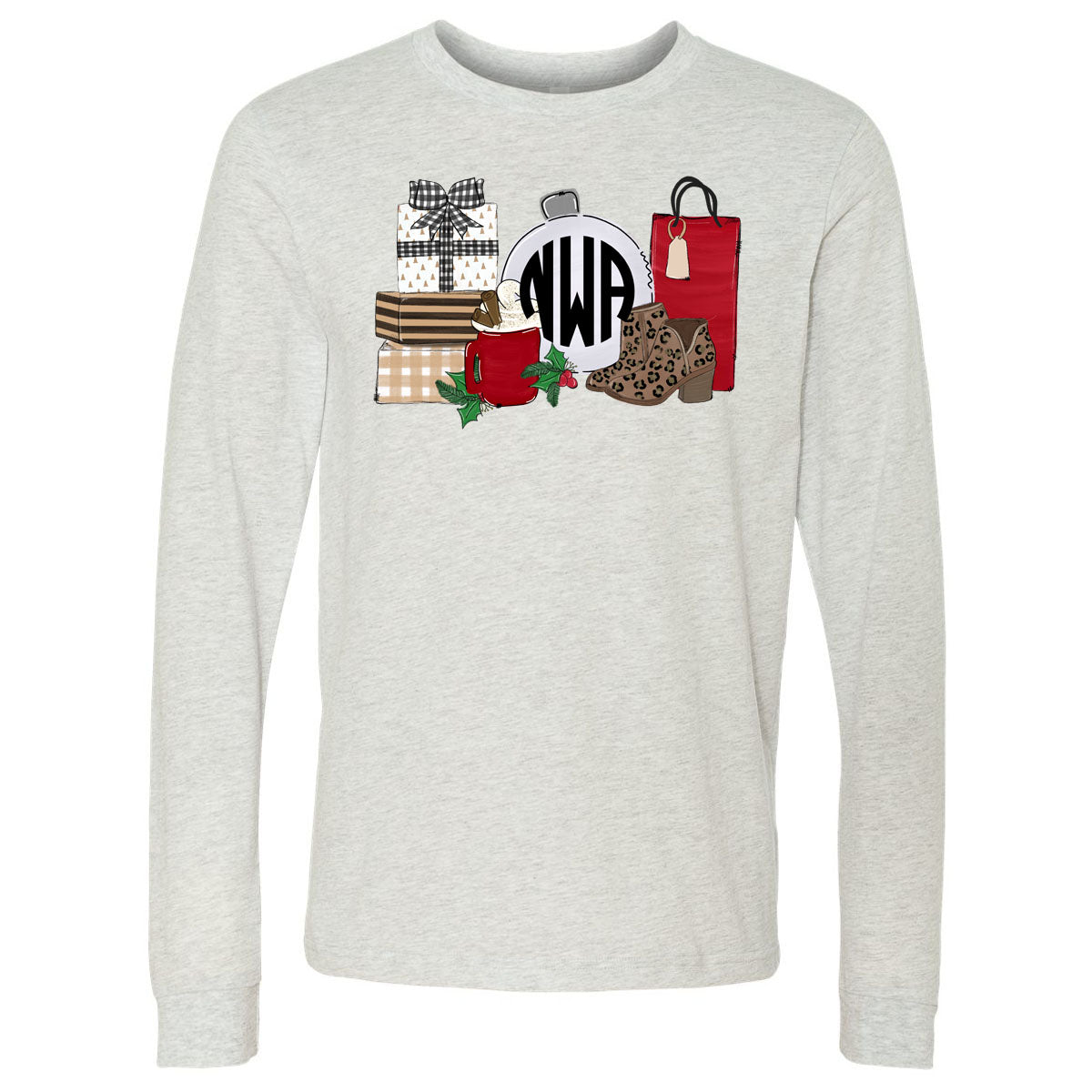 All Things Christmas Monogram - Ash Long Sleeve Tee - Southern Grace Creations