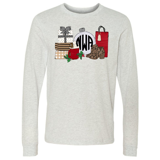 All Things Christmas Monogram - Ash Long Sleeve Tee - Southern Grace Creations