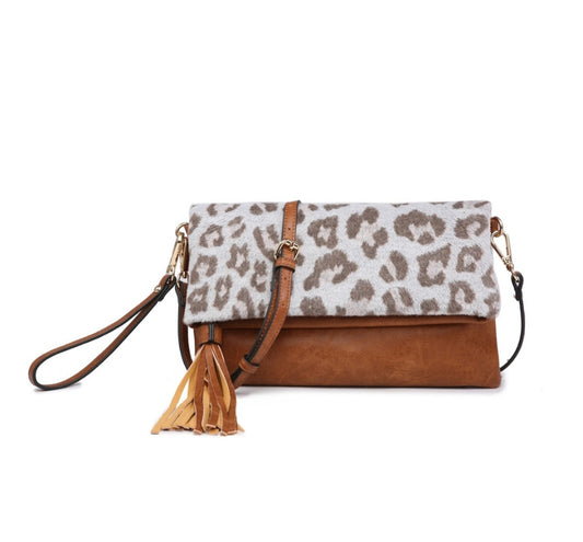 Austin Flapover Tassel Crossbody/Clutch- Cheetah Light Grey - Southern Grace Creations