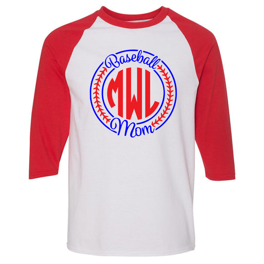 Baseball Mom Monogram - Red/White Raglan - Southern Grace Creations