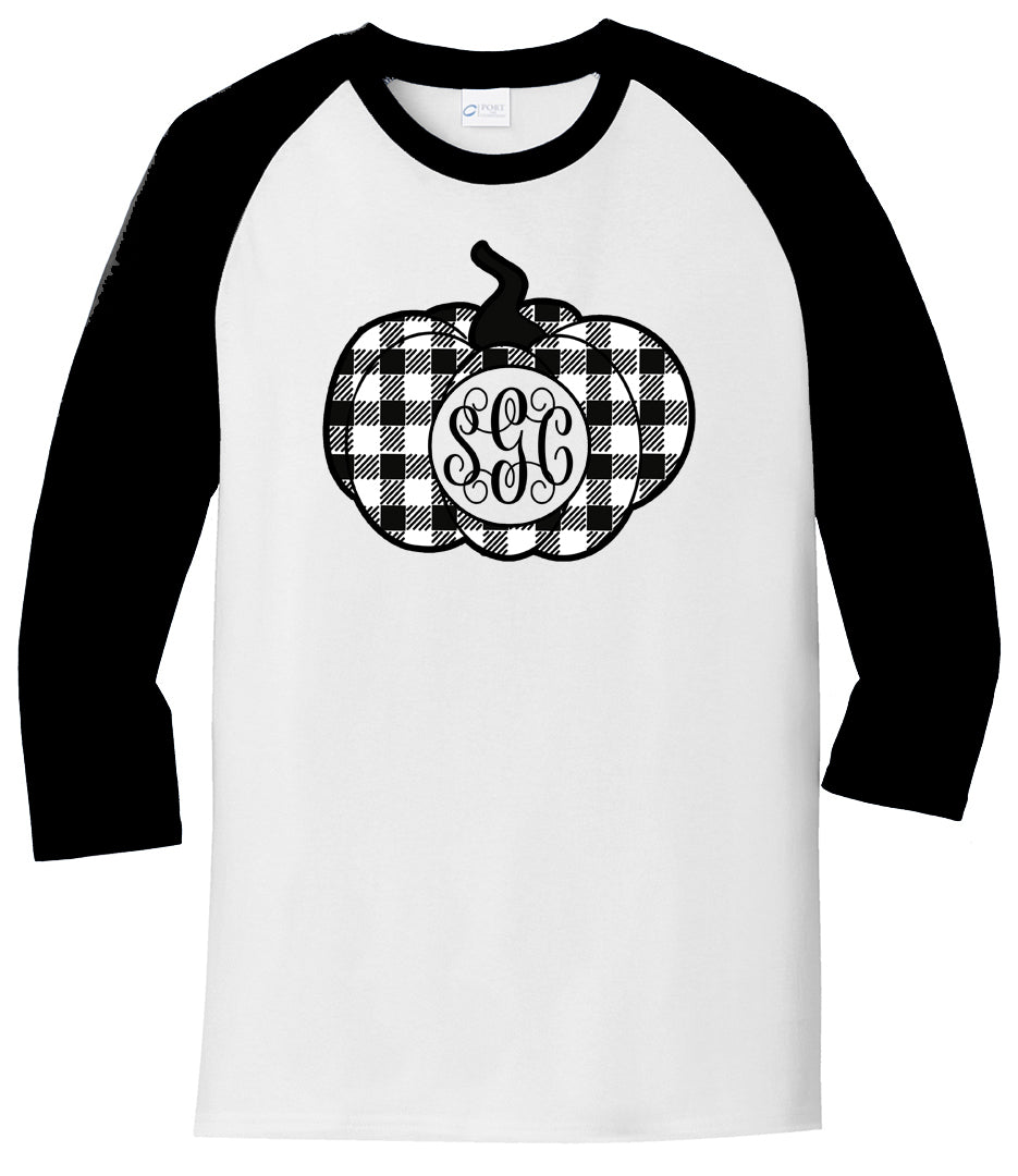 Black/White Plaid Pumpkin Monogram - White/Black Raglan - Southern Grace Creations
