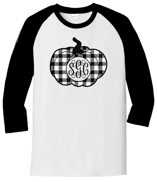 Black/White Plaid Pumpkin Monogram - White/Black Raglan - Southern Grace Creations