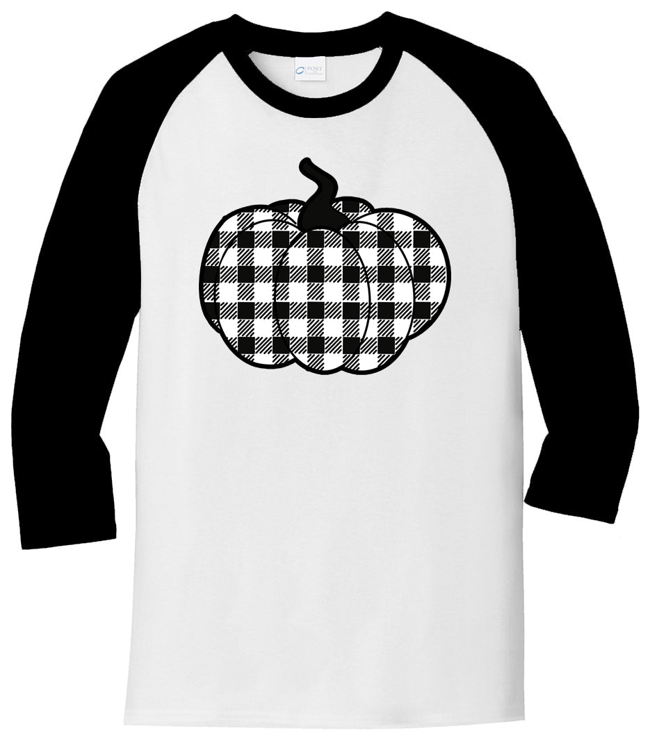 Black/White Plaid Pumpkin - White/Black Raglan - Southern Grace Creations