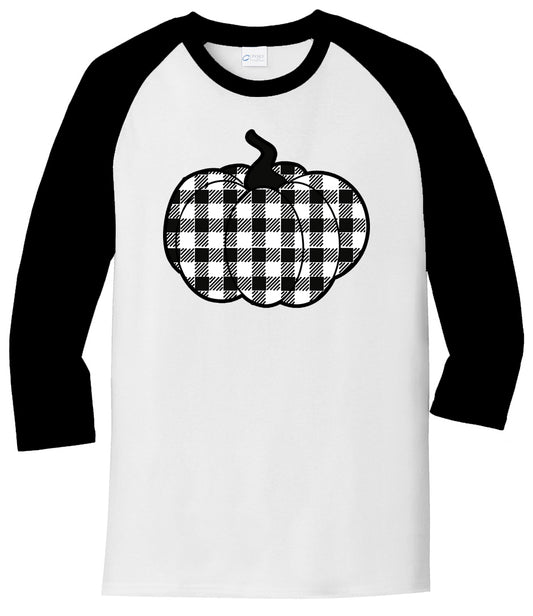 Black/White Plaid Pumpkin - White/Black Raglan - Southern Grace Creations