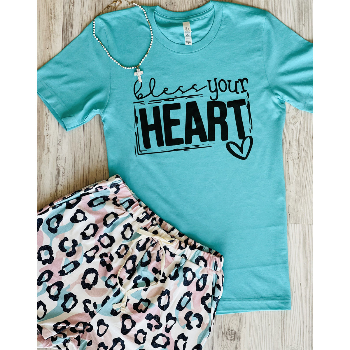 Bless Your Heart Set (Teal Tee/ Pink/Teal Leopard Shorts) - Southern Grace Creations