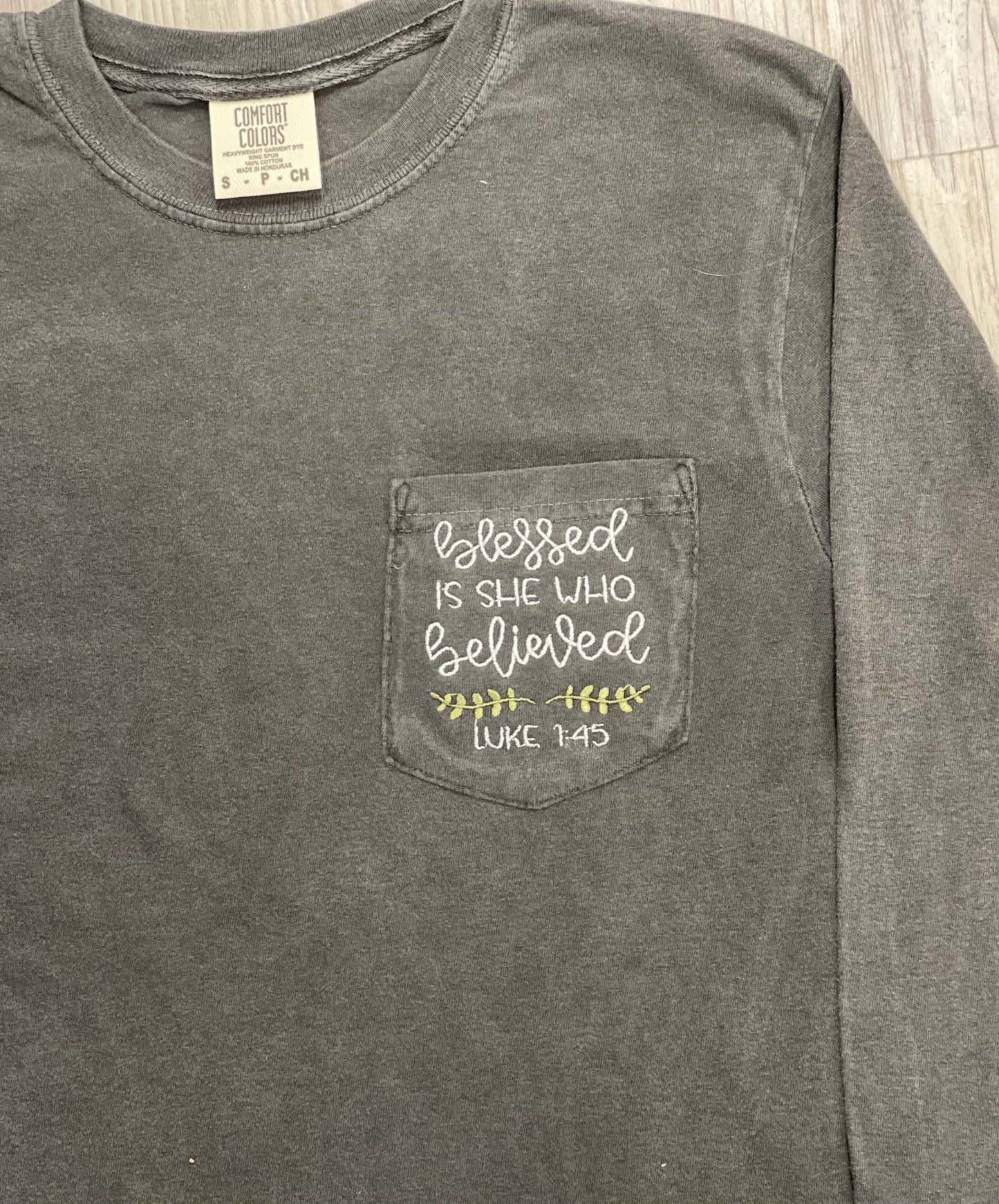 “Blessed is she who believed" Luke 1:45 Granite Comfort Color Tee - Southern Grace Creations