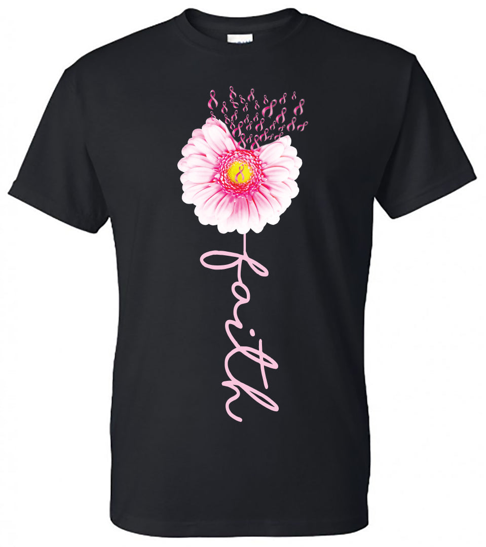 Breast Cancer Daisy Faith - Black Short Sleeve Tee - Southern Grace Creations
