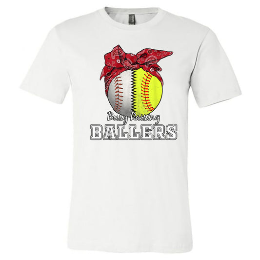 Busy Raising Ballers Baseball Softball Red Bandana - White Short Sleeve Tee - Southern Grace Creations