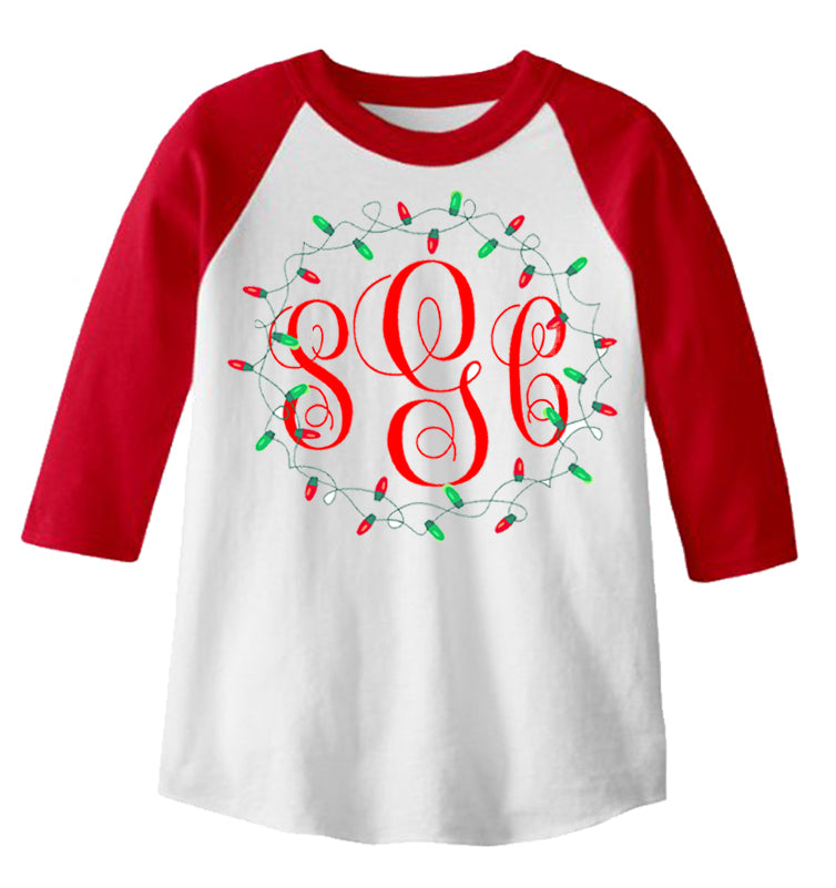 Christmas Lights Monogram - Red/White Raglan - Southern Grace Creations